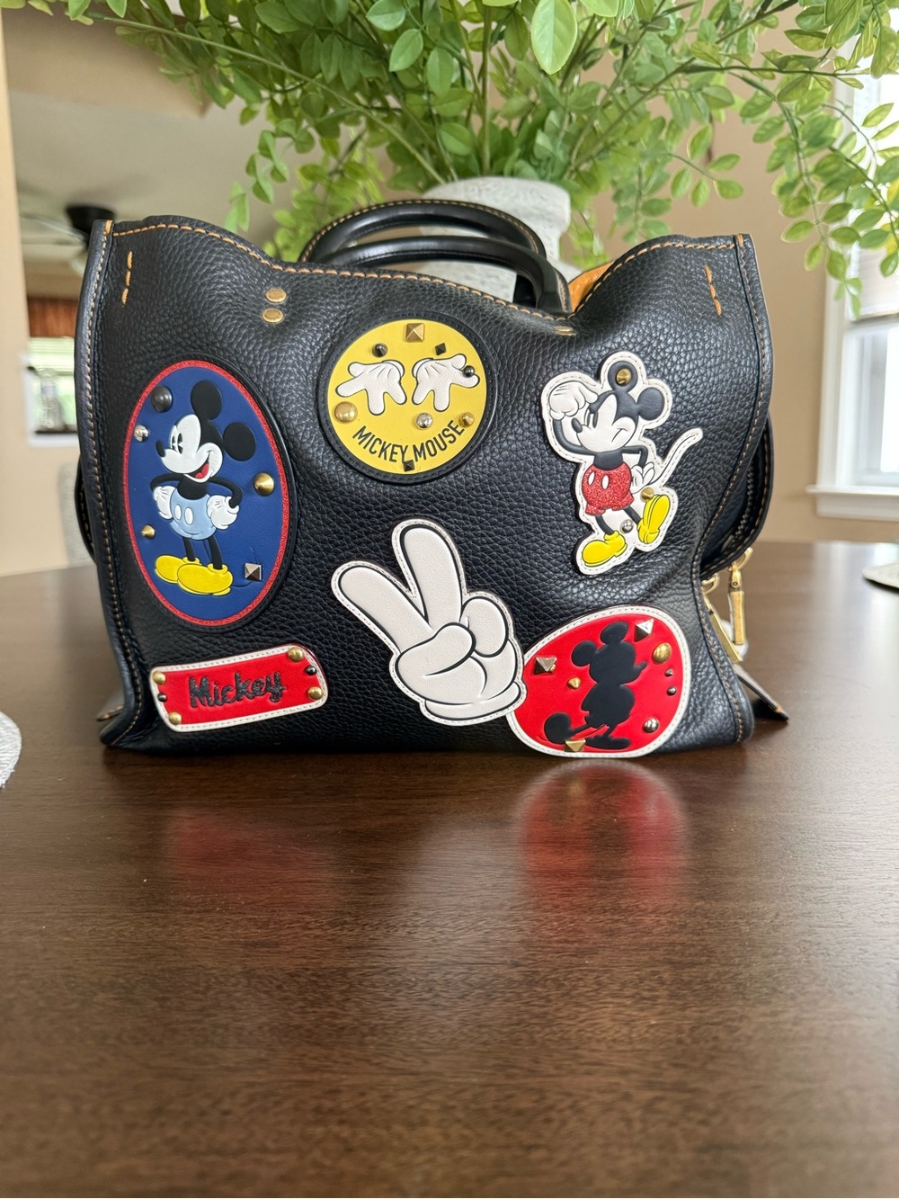 Coach Black Leather Tote with Mickey Mouse Patch Accents